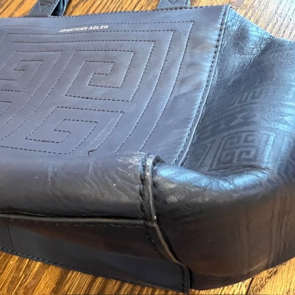 Jonathan Adler purse dark blue leather top handle geometric pattern tote - Picture 12 of 13